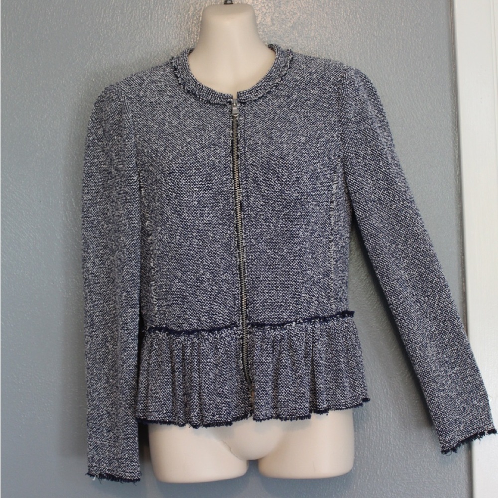 Rebecca Taylor Blue Tweed Fringe Trimmed Peplum Full Zip Jacket Size 2